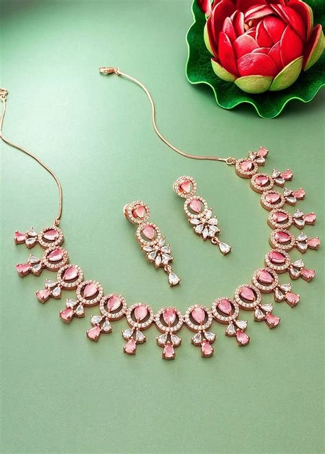 Pink Necklace Set In Studded American Diamond 481JW05