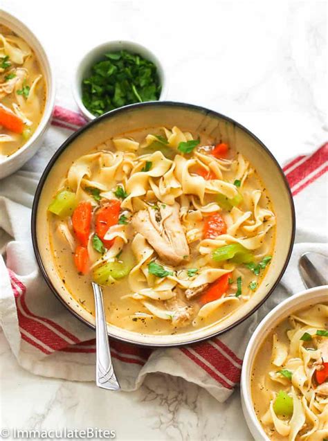 Gluten free homemade chicken noodle soup is ready in under 30 minutes and made with fridge and pantry staples. Homemade Chicken Noodle Soup - Immaculate Bites
