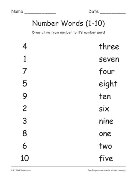 Grade 1 Numbers Words Matching Worksheets 1 10 Number Words