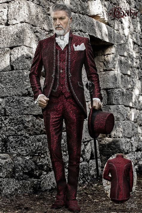 Luxury Italian Red Brocade Wedding Suit With Mao Collar Suit Ongala