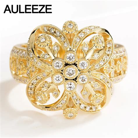 Auleeze Luxury Vintage Real Diamond Party Ring 18k Solid Yellow Gold