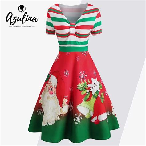 Rosegal Christmas Santa Claus Print Dress Women Vintage Dress V Neck