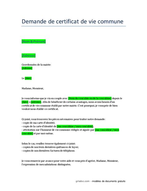 Demande De Certificat De Vie Commune DOC PDF Page Sur