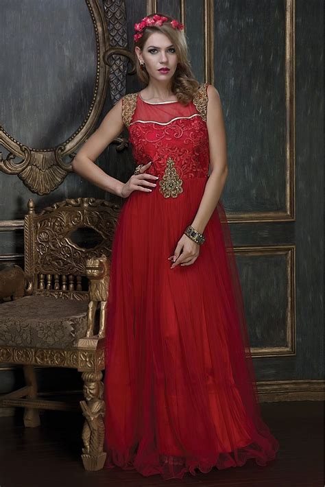 Party Wear Net Embroidery Gown In Red Colour Womens Special Occasion Dresses Party Wear Gowns