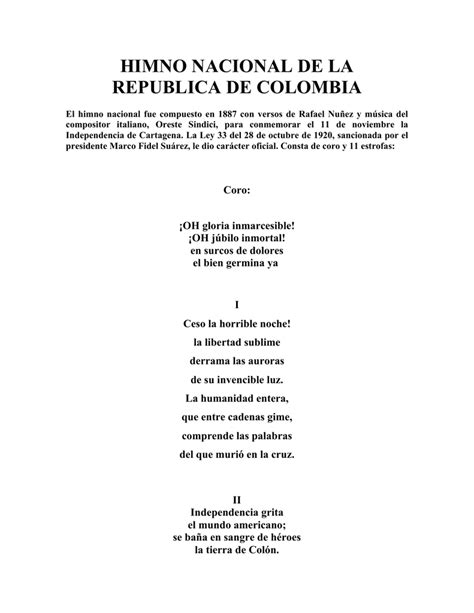 Himno Nacional De La Republica De Colombia Images And Photos Finder
