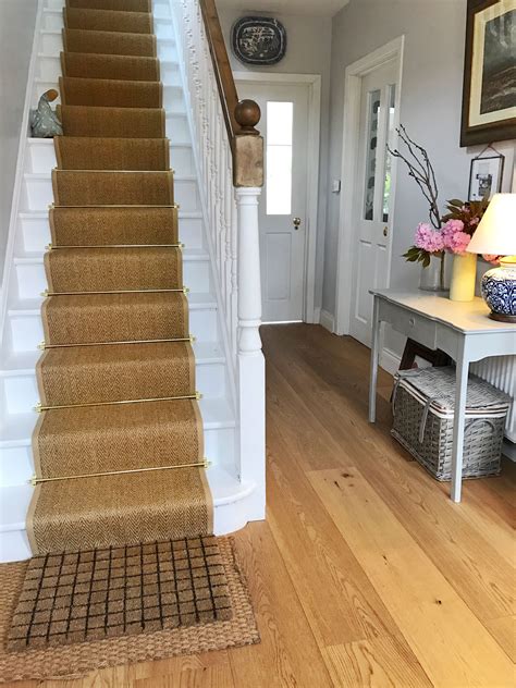 Shop our 100% natural fiber rugs great selection and free shipping! Hallway - Sisal natural colour stair runner with brass rods and painted white stairs | Stair ...
