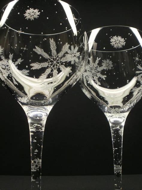 2 Snowflake Red Wine Glasses Hand Engraved By