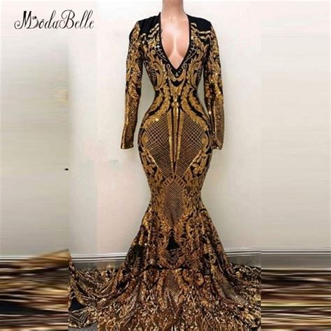Modabelle Luxury Mermaid Long Sequin Evening Dress Gold Black Saudi
