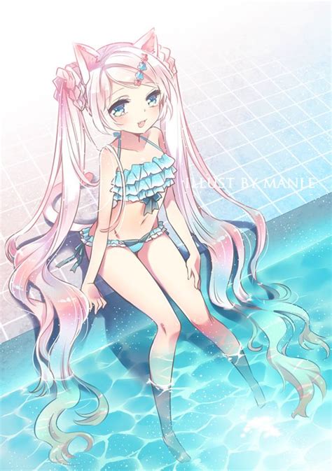 Anime Art Swimsuit Bathing Suit Bikini Pastel Ruffles Neko Cat Girl