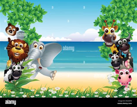 Funny Animal Cartoon With Tropical Beach Background Stock Vector Image