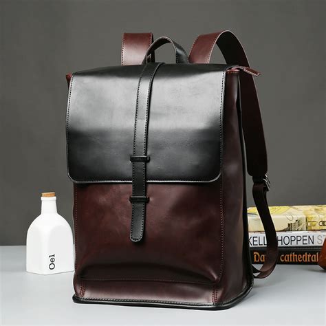Solid Leather Men Backpack Vintage Contrast Color Large Capacity Black