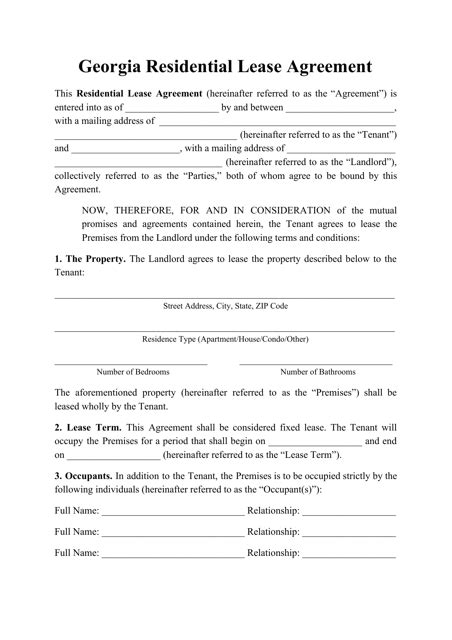 Georgia United States Residential Lease Agreement Template Fill Out