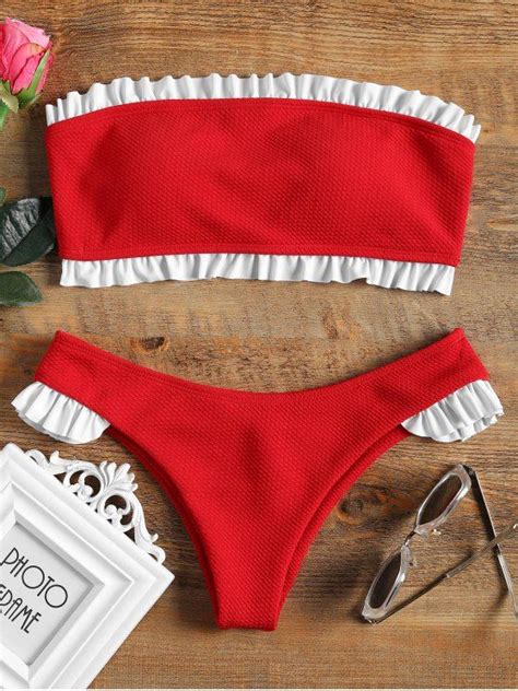 61 Off 2019 Ruffle Bandeau Bikini Set In Red Zaful