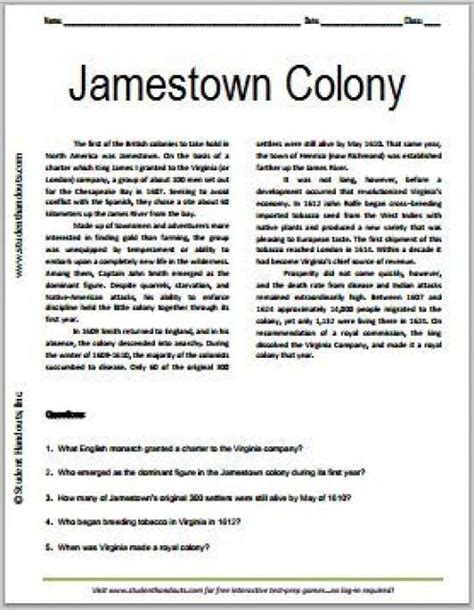 Jamestown Colony Free Printable American History Reading With