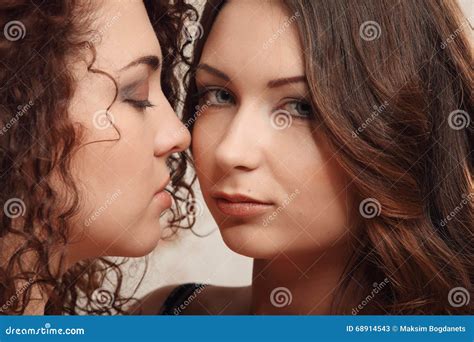 Tender Kiss Of Two Brunettes Homosexuality Lesbians Stock Image Image