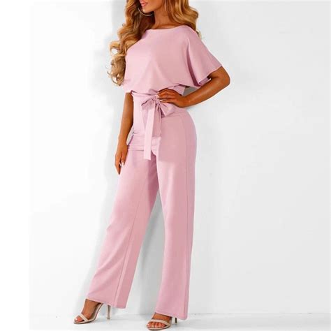 short sleeve playsuit clubwear straight leg jumpsuit with belt wide leg pants outfit rompers