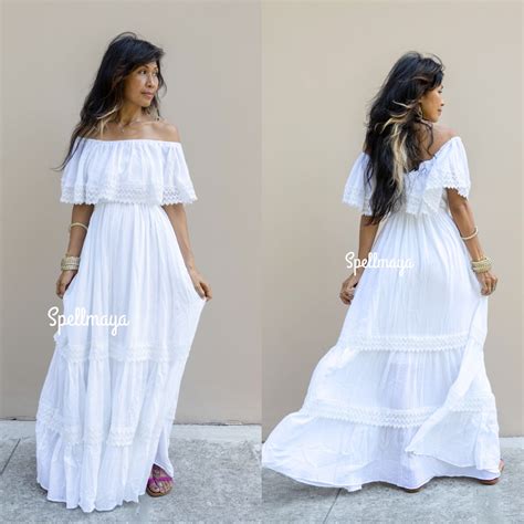 Bohemian Wedding Dress Off The Shoulder White Dress Raw Etsy In 2020 Long White Maxi Dress