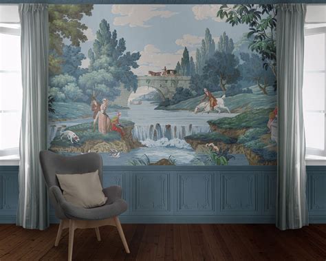 Hunt And French Landscape Antique Block Printed Scenic Wallpaper