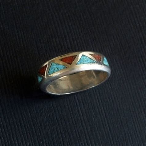Vintage Native American Navajo Coral Turquoise Ring Inlay Mosaic