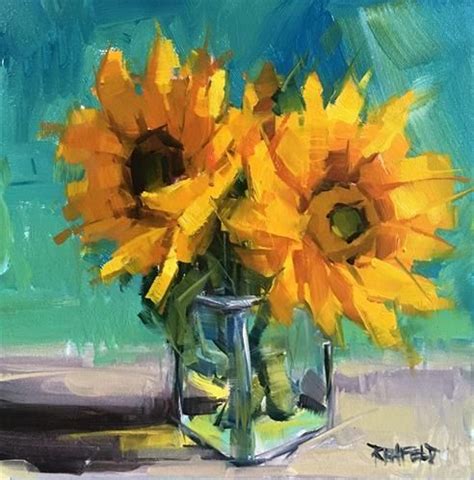 Daily Paintworks Sunflowers And Teal Original Fine Art For Sale