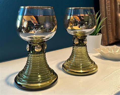 2 vintage roemer german wine glasses boho bockling green goblets with etched flowers ribbed