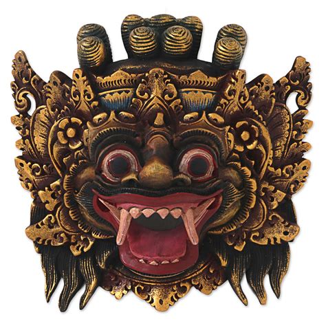 Hand Made Gold Colored Wood Mask From Indonesia Bali Barong Novica