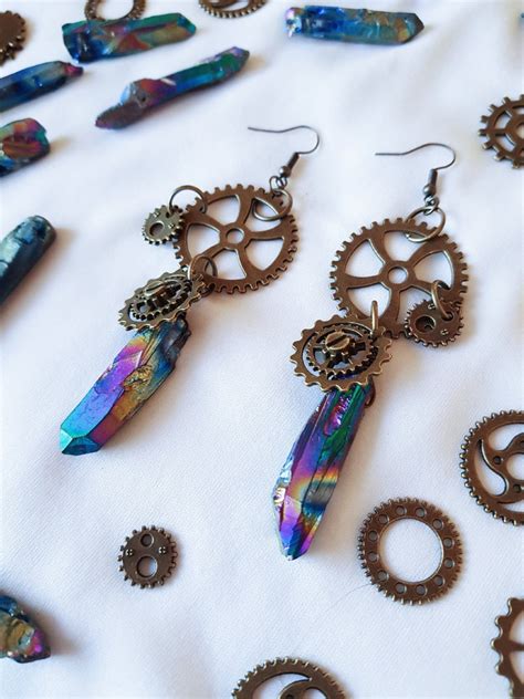 Steampunk Bronze Witchy Crystal Rainbow Quartz Earrings Boho Etsy