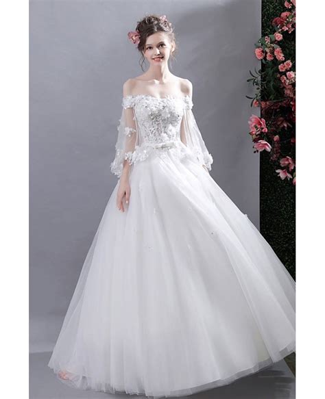Fairy Off Shoulder Sleeves Ball Gown Wedding Dress With