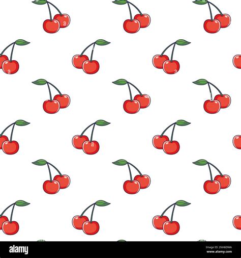 Cute Red Cherry Seamless Pattern In Doodle Style Vector Hand Drawn