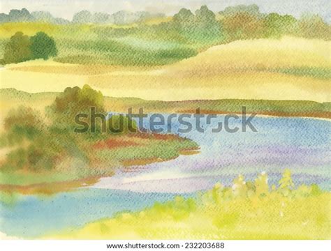 Watercolor River Nature Landscape Stock Illustration 232203688