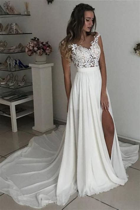 Off White Long Chiffon Cap Sleeves Split Wedding Dresses With Lace