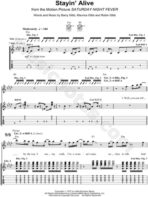 The Bee Gees Stayin Alive Guitar Tab In F Minor Download And Print
