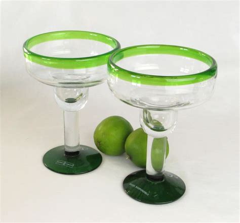 Hand Blown Margarita Glasses Vintage Barware Pair Green Etsy