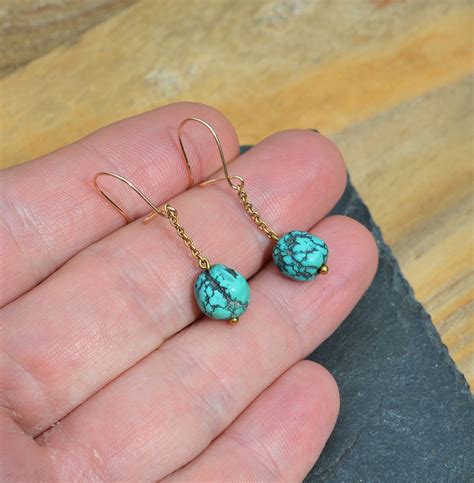 Antique 9ct Gold Turquoise Earrings Blue Dangle Earrings Genuine