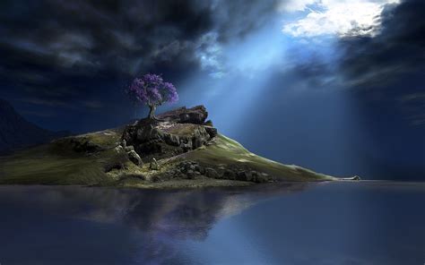 Digital Art Cgi Nature Hill Mountain Rock Trees Water Clouds Sunlight