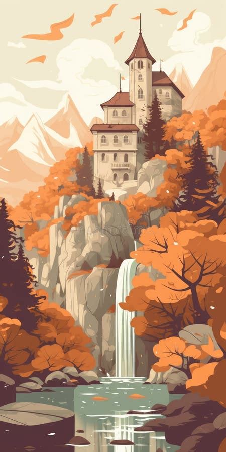 Waterfall And Alpine Mountains Vector Illustration Stock Illustration