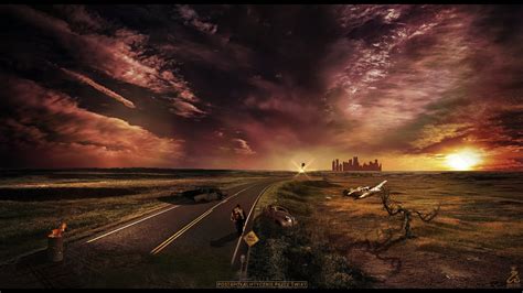 Road At Golden Hour Wallpaper Photo Manipulation Apocalyptic Hd