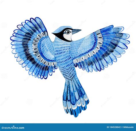 Watercolor Bird Blue Jay Flying Hand Drawn Illustration Isolated On