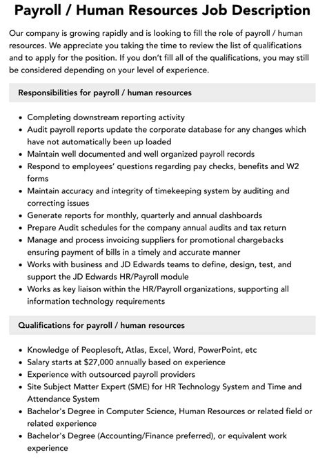 Payroll Human Resources Job Description Velvet Jobs