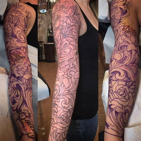 Think Tank Tattoo South — Flowers And Filigree Sleeve Outline By