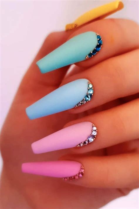 Gorgeous Matte Pastel Multi Color Coffin Acrylic Nails With Rhinestones