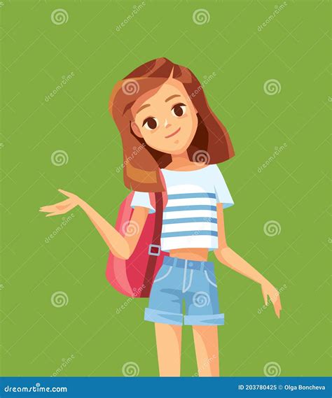 Vector Portrait Of Smiling Cartoon Teenage Girl In Jeans Shorts Stock