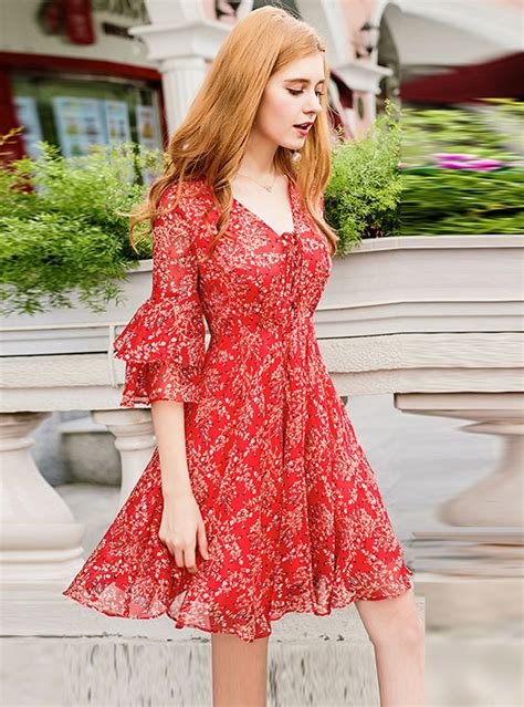 Red Floral Printed Chiffon Mini Dress | Fancylooks