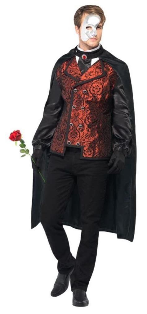 Smiffy S Men S Dark Opera Masquerade Costume With Cape Mock Shirt Mask Gloves And Silk Rose Red