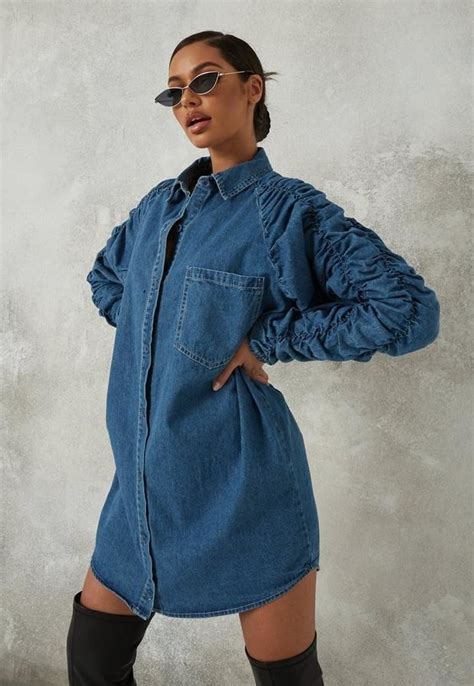 Missguided Blue Ruched Sleeve Denim Shirt Dress Shopstyle