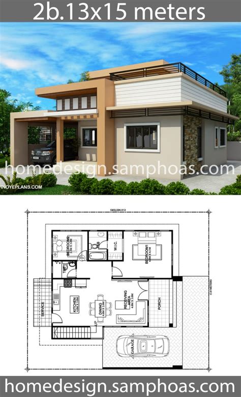 One Story House Plans 13x15m With 2 Bedrooms Home Ideas