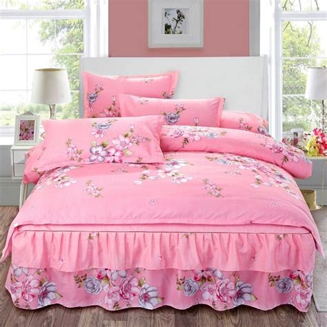 Demissir Pink Floral Princess Bed Skirt Duvet Cover 2 Pillowcases Girl Style Full Queen King