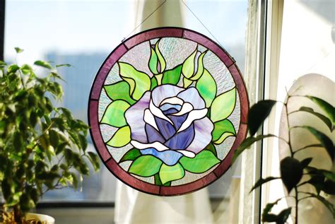 Purple Roses Stained Glass Panel Round Stained Glass Window Etsy