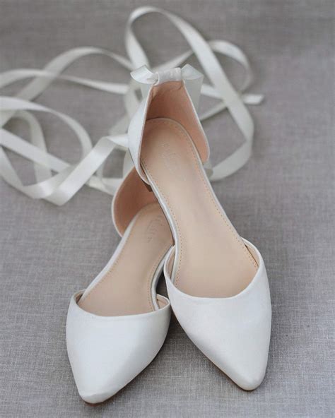 Ivory Satin Pointy Toe Flats With Satin Ankle Tie Or Ballerina Lace Up