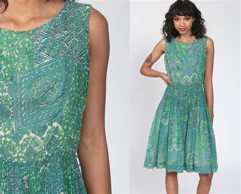 60s psychedelic dress green print mod midi pleated dress 1960s hippie high waist vintage gogo